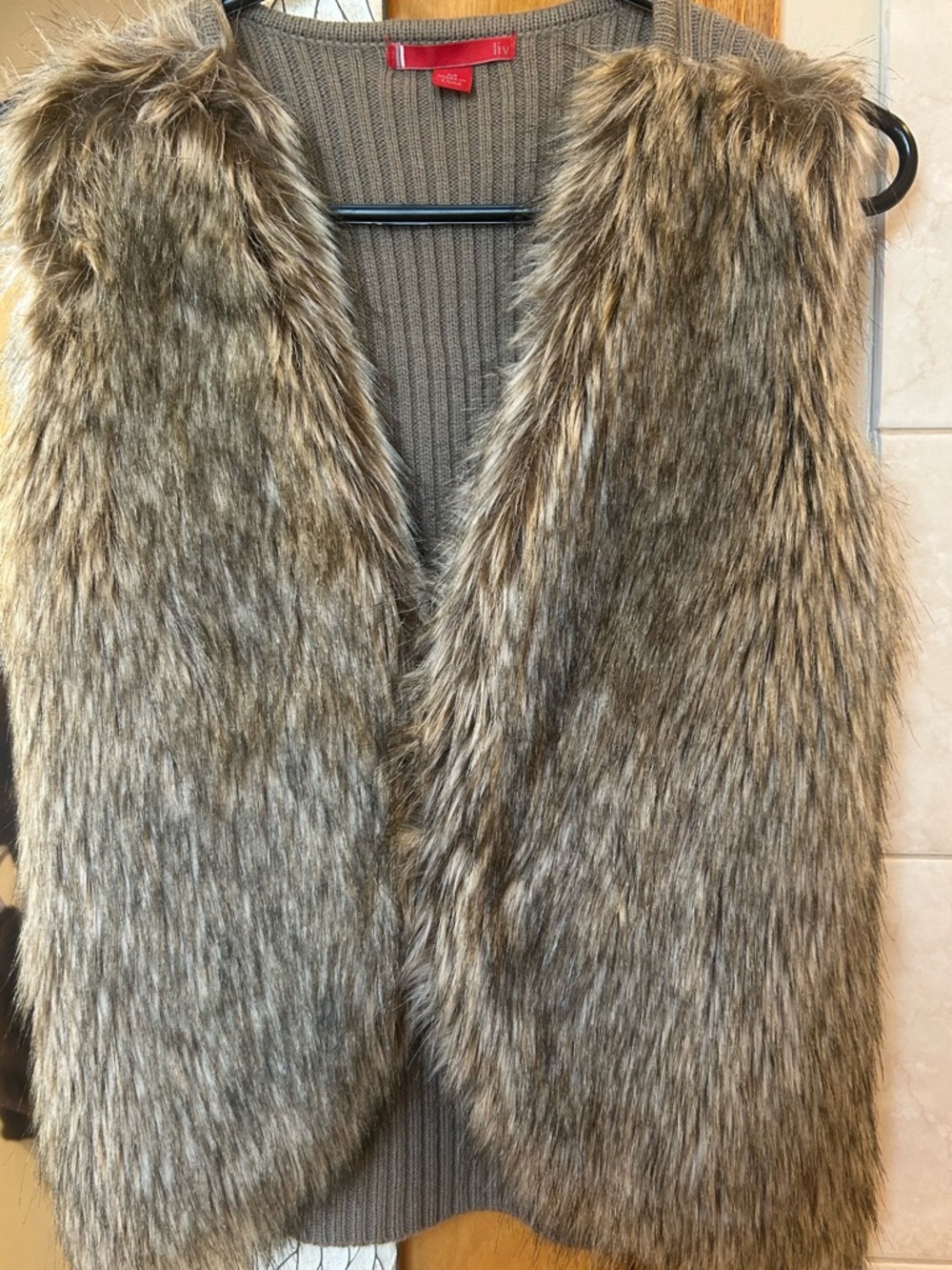 Faux Fur Vest with Ribbed Knit Back - Brown Tones